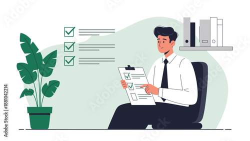 Man checking checklist on clipboard, business planning, task management, office plant, organization