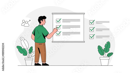 Man checking off tasks on a checklist board, business planning, goal setting, progress tracking