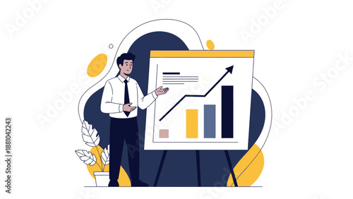 Man presenting business growth chart on whiteboard, financial success concept