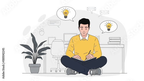 Man Sitting Cross-legged, Generating Ideas with Lightbulb Symbols