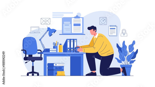 Man organizing office desk workspace with files and computer