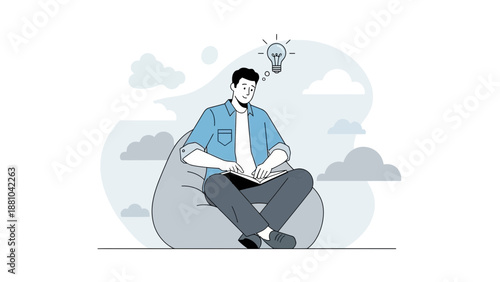 Man Sitting on Beanbag, Thinking, Lightbulb Idea, Brainstorming, Creative Inspiration