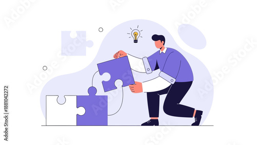 Man solving puzzle, idea lightbulb, problem-solving, teamwork, strategy, concept illustration