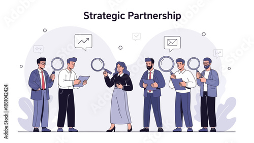 Strategic Partnership Business Collaboration Teamwork Magnifying Glass Analysis
