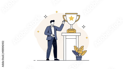 Successful businessman with trophy, achievement and victory concept, flat illustration