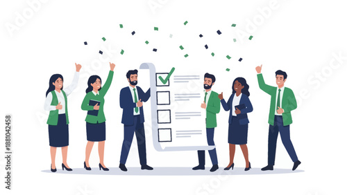 Successful team celebrating achievement with checklist and confetti