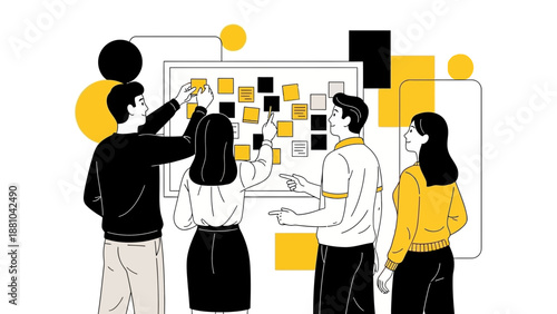 Team Brainstorming and Planning with Sticky Notes on Whiteboard