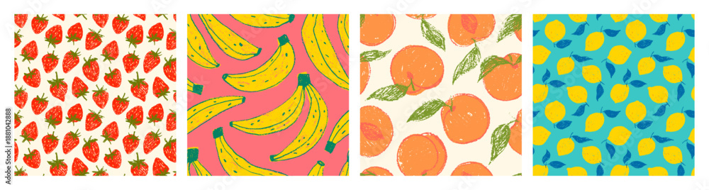 Fototapeta premium Colorful crayon fruits seamless pattern collection. Hand drawn funky and playful food seamless backgrounds. Summer tropical fruit wrapping paper print set. Wallpapers with banana, strawberry, lemon.