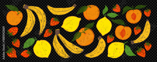 Funky crayon fruit stickers with chalk texture on black transparent background. Hand drawn playful colorful fruit clipart. Cute banana, strawberry, peach and lemon stickers. Childish naive style.