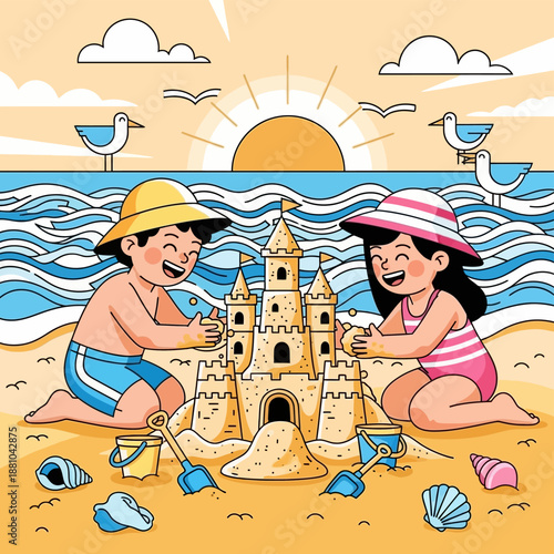 Children Building Sandcastle on Beach Together.