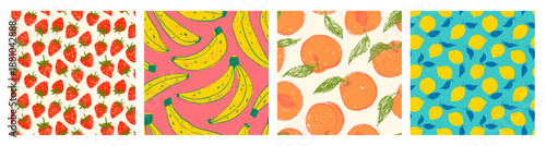 Colorful crayon fruits seamless pattern collection. Hand drawn funky and playful food seamless backgrounds. Summer tropical fruit wrapping paper print set. Wallpapers with banana, strawberry, lemon.