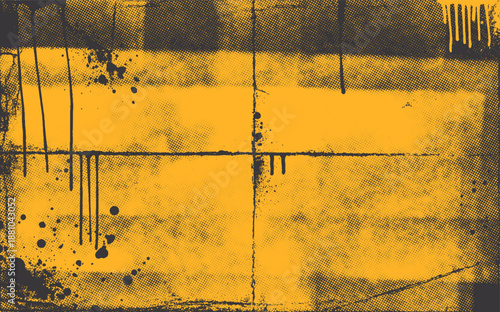 Yellow black grunge punk poster background with brush strokes, halftone texture, paint splatters and drips. Retro bold graffiti overlay with vector rough grunge texture, scratches, and folded paper.