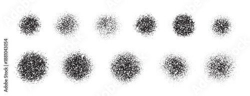 Dissolve spray paint dots with noise texture gradient gradation. Dust powder circles and round shapes with sand effect. Aerosol abstract airbrush effect. Circular stipple round shapes and dots.