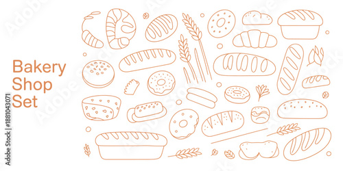 Collection of hand drawn bakery items including bread, croissants, donuts, and muffins in simple outline style for posters, branding, packaging, menus, social media, and creative design projects