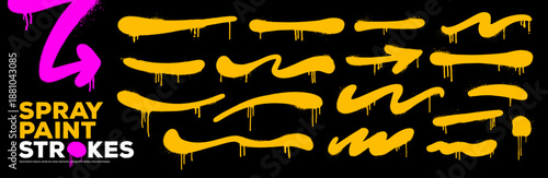 Yellow aerosol spray paint wavy lines and bold brush strokes. Hand drawn vector graffiti striketrough and underlines with aerosol effect. Grunge graffiti gold lines with drips and paint platters.