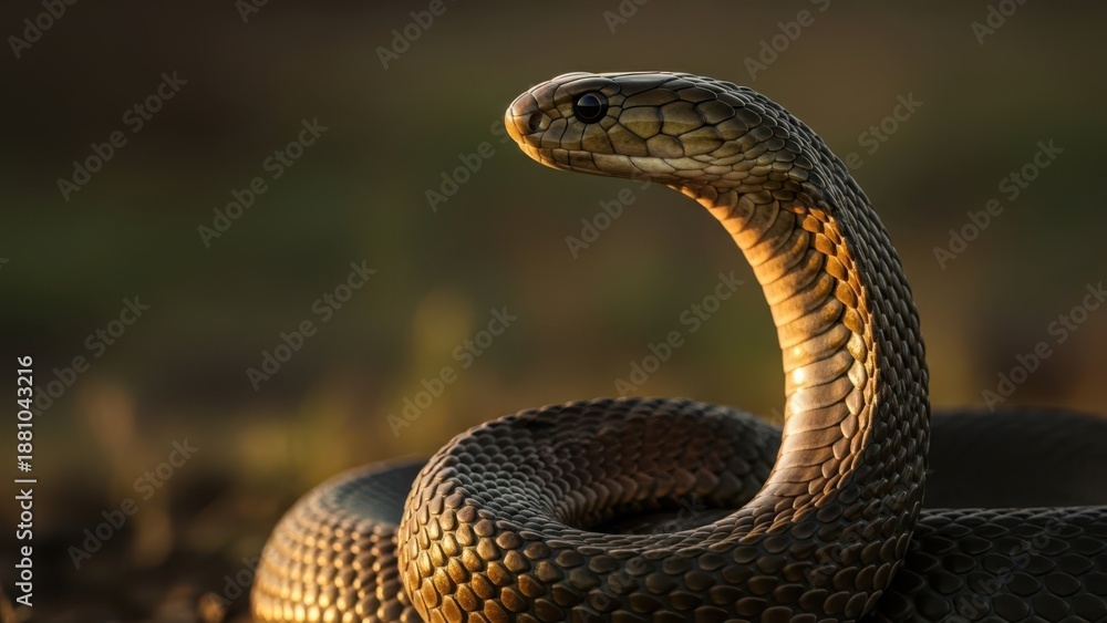 Obraz premium A close-up of a snake coiled on the ground with its head raised.