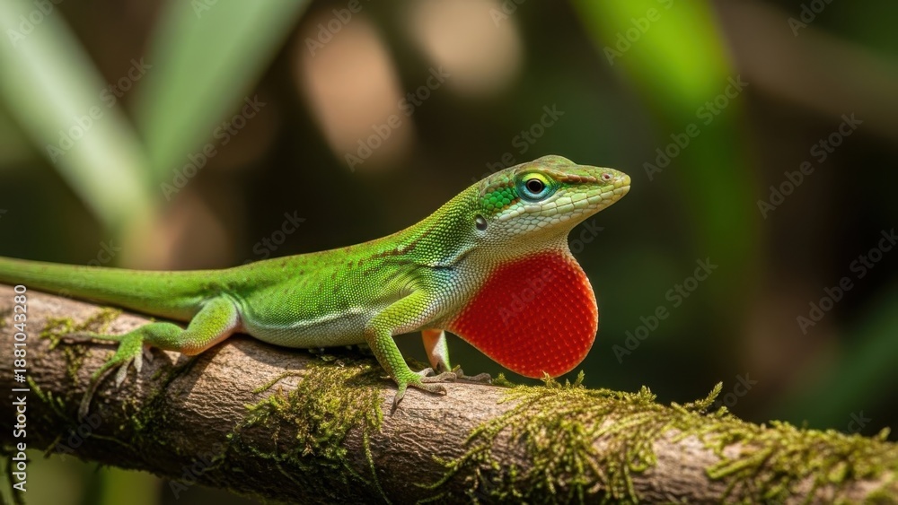 Fototapeta premium A vibrant green lizard perched on a mossy branch with its bright red throat fan extended in a natural outdoor setting.