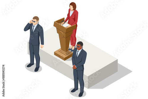 Politician speech with security. Isometric political speech scene with bodyguards and speaker at podium. Public address, leadership, protection, and official event security concept illustration.
