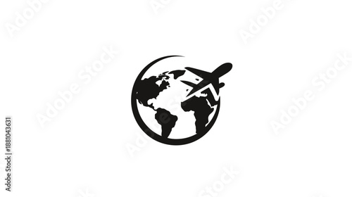 Global travel airplane icon illustration. World map with flying aircraft symbol. International journey concept graphic.