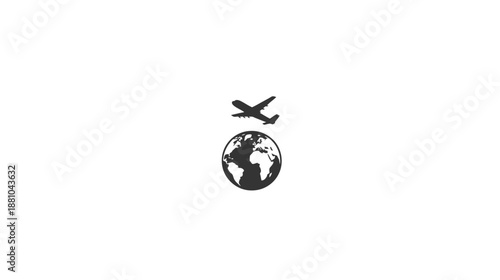 Minimalist airplane flying around globe icon, symbolizing global travel, international flight, and world exploration vector graphic.