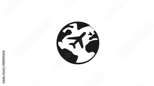 Monochrome vector icon of an airplane flying around a stylized globe, symbolizing international air travel, worldwide adventure, and exploration.