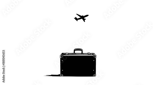 Minimalist business travel concept with an airplane flying over a briefcase silhouette on a clean white background, journey, departure