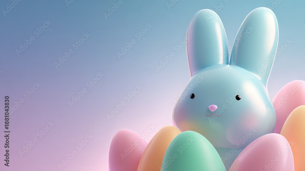 Fototapeta premium Clean, Modern Inflatable 3D Easter Banner With A Glossy Bunny For Spring Celebration, Family Fun, Easter Sunday Decor, And Colorful Painted Eggs