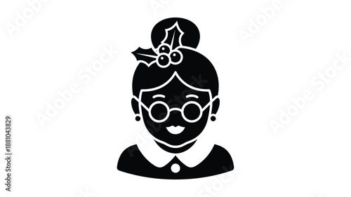 A simple black silhouette of an elderly woman s face with glasses and a festive hair accessory
