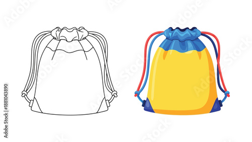Drawings of a drawstring backpack outlined and colored versions shown side by side