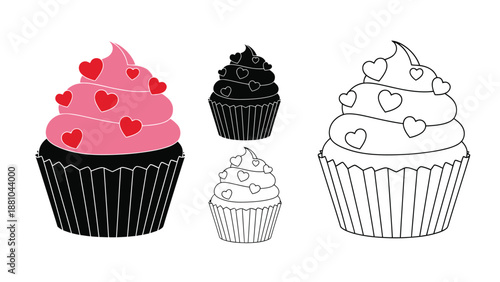 Three stylized cupcakes in varying designs with heart decorations are shown