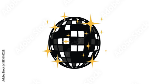 a shiny black disco ball with gold sparkles on a white background