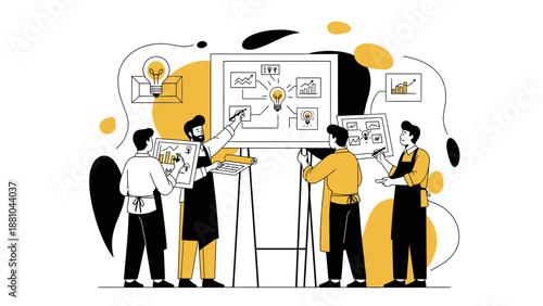 Team brainstorming new ideas on whiteboard, business strategy planning, innovation concept