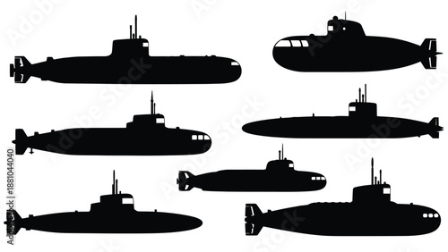 collection of various submarine silhouettes on white background