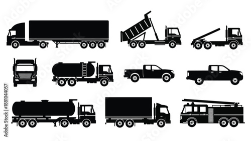 collection of various trucks and vehicles in silhouette