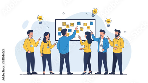 Team Brainstorming Session with Ideas and Sticky Notes on Board