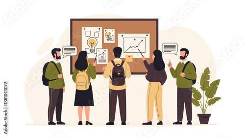 Team brainstorms ideas at whiteboard, business meeting, collaboration, startup planning