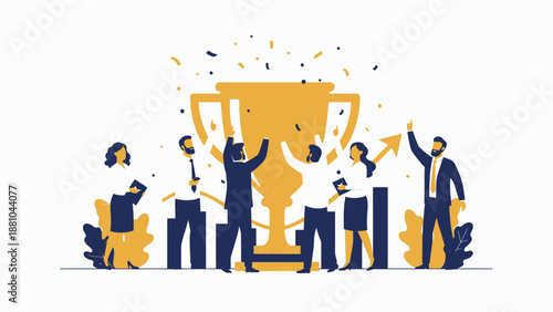 Team Celebrating Business Success with Trophy and Confetti