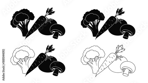 Black and white illustrations depict broccoli carrots and mushrooms in a repeating pattern