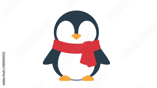 Adorable cartoon penguin with a bright red scarf stands cheerfully against a white background