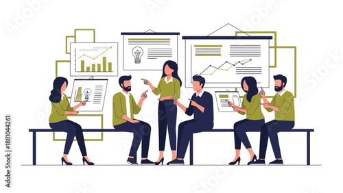 Team Meeting and Brainstorming Session with Presentations and Data Analysis