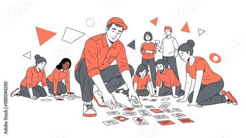 Team playing card game, strategy and fun, diverse group, illustration