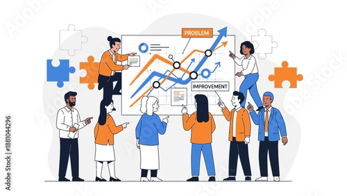Teamwork analyzing growth charts, problem solving and business improvement strategies