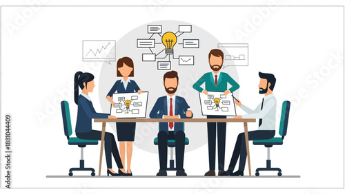 Business Team Brainstorming Ideas Meeting with Lightbulb and Charts