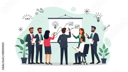 Business team brainstorming ideas presentation on whiteboard, strategy planning