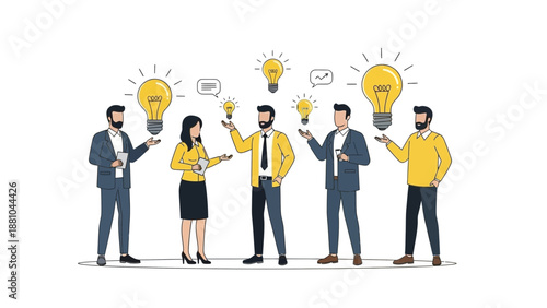 Business Team Brainstorming Ideas, Lightbulbs Symbolizing Innovation and Creativity