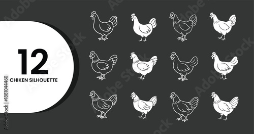 12 Lineal Hand-Drawn Chicken Silhouettes Collection