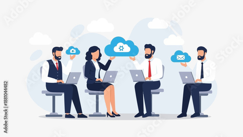 Business team collaborating on cloud computing, data sharing, and digital transformation.