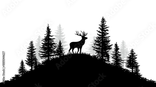 Majestic stag with antlers standing on a forested hill, surrounded by conifer trees. Nature wilderness wildlife silhouette.