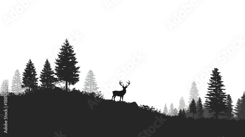 Minimalist black and white silhouette of a majestic deer stag in a serene pine forest landscape on a hill.