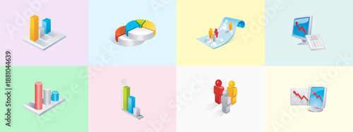 Collection of isometric 3d business icons or finance graphics featuring bar charts pie graphs world map with people and computer monitors showing growth arrows on pastel panels